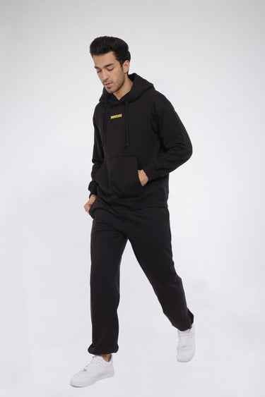 Black Bonkers Corner oversized heavyweight fleece hoodie with signature design, featuring a relaxed fit and soft fleece material.