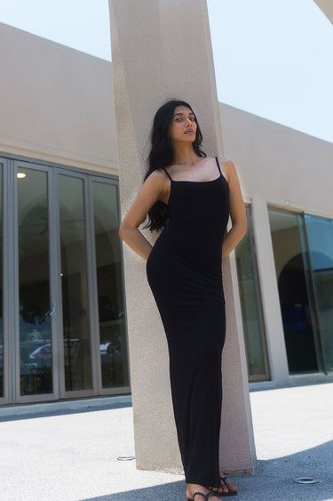 Black soft lounge maxi dress by Bonkers Corner, featuring a relaxed fit and comfortable fabric, perfect for casual wear.