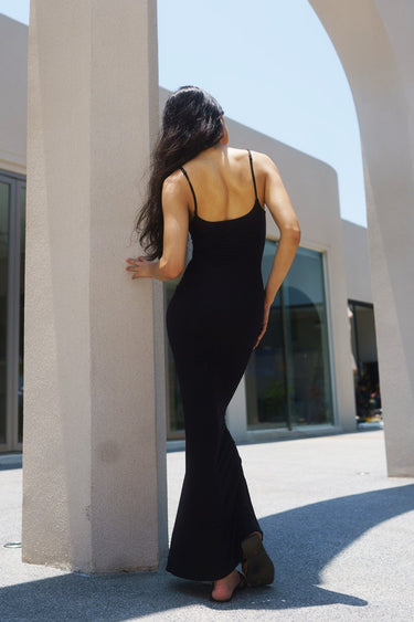 Black soft lounge maxi dress by Bonkers Corner, flowing fabric, sleeveless design, perfect for comfortable casual wear.