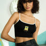 Black SpongeBob Cami Crop Top by Bonkers Corner, featuring a playful cartoon print and fitted design, perfect for casual wear.