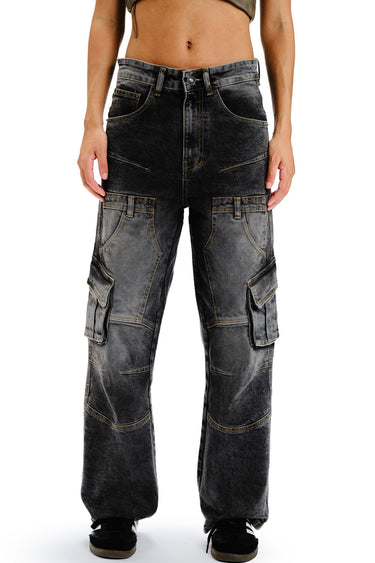Black wash workwear cargo jeans by Bonkers Corner, casual fit with multiple pockets and rugged denim texture.