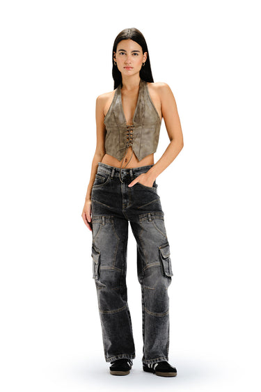 Black wash workwear cargo jeans by Bonkers Corner, featuring multiple pockets and rugged fabric for durable, stylish workwear.