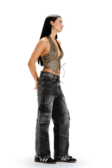 Black wash workwear cargo jeans by Bonkers Corner, featuring multiple pockets and durable denim for rugged workwear style.