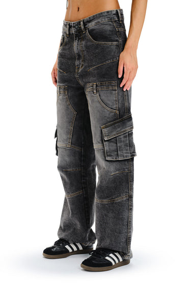 Black wash workwear cargo jeans by Bonkers Corner featuring multiple pockets and a relaxed fit.