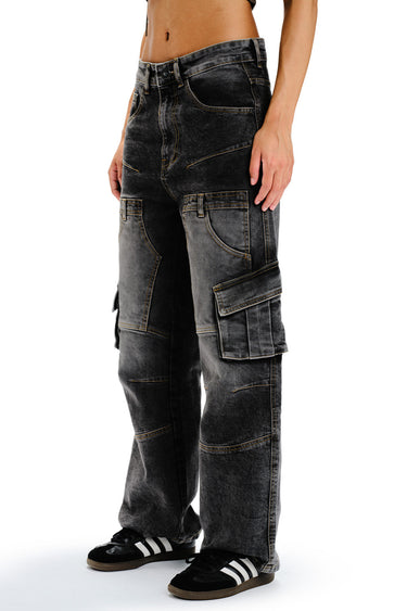 Bonkers Corner black wash workwear cargo jeans with multiple pockets and rugged denim construction.