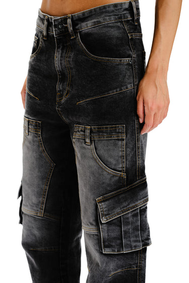 Bonkers Corner black wash workwear cargo jeans with multiple pockets and rugged denim design.
