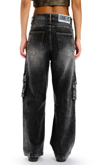 Black wash workwear cargo jeans by Bonkers Corner, durable denim with multiple cargo pockets and a relaxed fit.