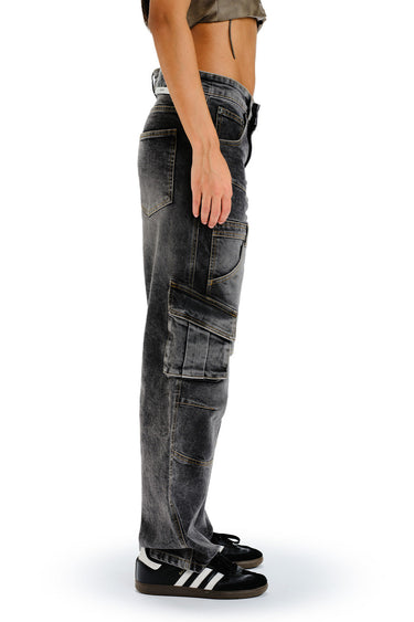 Black wash workwear cargo jeans by Bonkers Corner featuring multiple pockets and a rugged design.