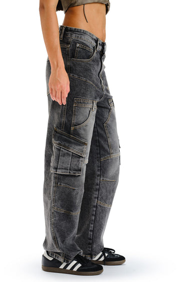 Black wash workwear cargo jeans by Bonkers Corner with multiple pockets and durable denim fabric.