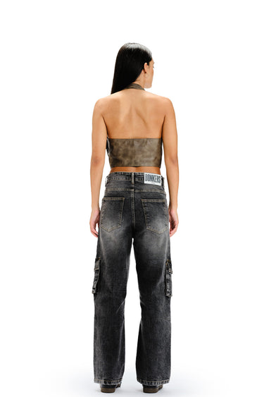 Black wash Bonkers Corner workwear cargo jeans with multiple pockets and rugged denim design.