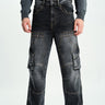 Black wash workwear cargo jeans by Bonkers Corner, featuring multiple utility pockets and a durable denim design.