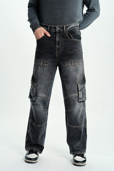 Black wash workwear cargo jeans by Bonkers Corner featuring multiple pockets and durable denim fabric.