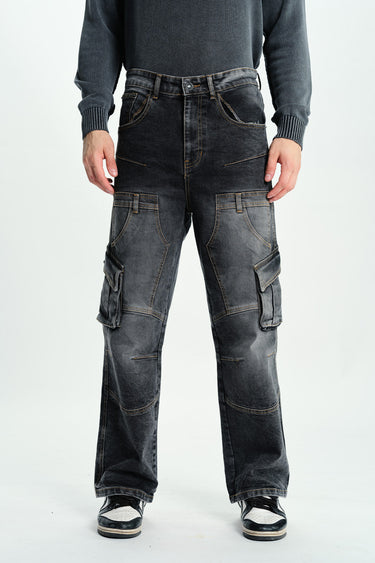 Black wash workwear cargo jeans by Bonkers Corner, featuring multiple pockets and a rugged denim style.