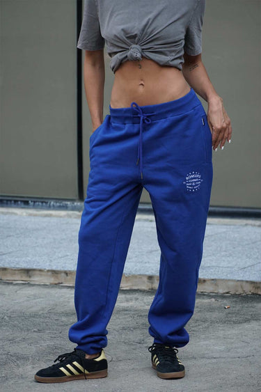Blue heavyweight joggers by Bonkers Corner, featuring a relaxed fit and comfortable elastic waistband.