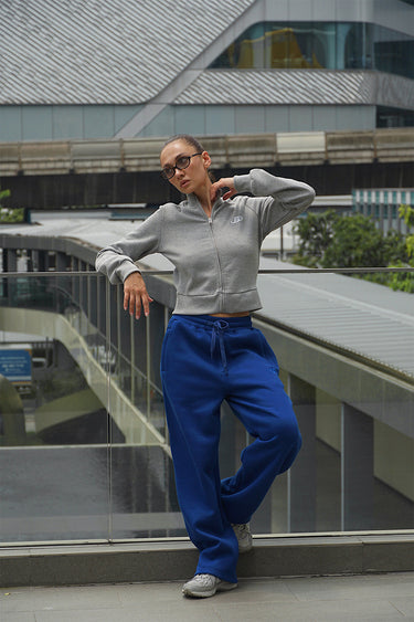 Blue Bonkers Corner On The Go Joggers in XS, showing the comfortable jogger pants with elastic waistband and relaxed fit.