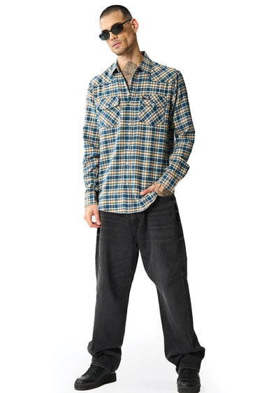 Blue Prussian regular fit shirt by Bonkers Corner, shown flat with collar, buttons, and long sleeves on a white background.