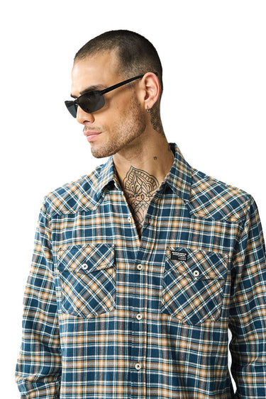 Blue Prussian regular fit shirt by Bonkers Corner, shown on a hanger with a close-up of the fabric and collar details.