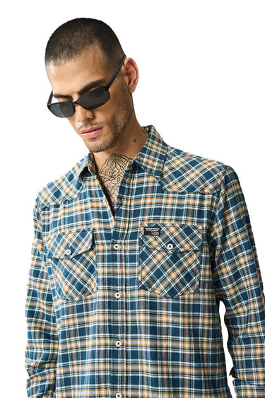 Blue Prussian regular fit shirt by Bonkers Corner, shown laid flat with collar and buttons visible.