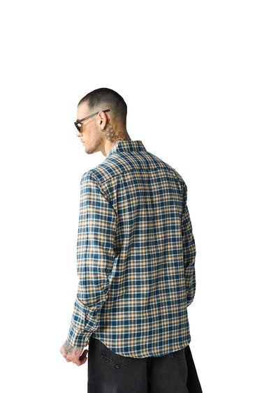 Blue Prussian regular fit shirt by Bonkers Corner, shown on a hanger with a close-up of the fabric and collar details.