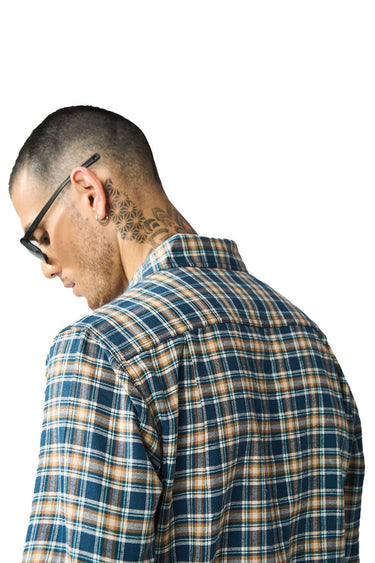 Blue Prussian regular fit shirt from Bonkers Corner, shown on a hanger with a button-down front and long sleeves.