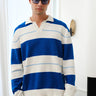 Blue stripe V-neck knit polo shirt by Bonkers Corner, featuring a classic design and comfortable fit.