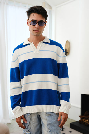 Blue stripe V-neck knit polo shirt by Bonkers Corner, featuring a classic design and comfortable fit.