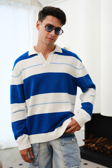 Blue stripe V-neck knit polo shirt from Bonkers Corner, featuring a classic design and soft fabric.