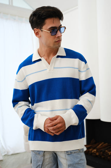 Blue stripe V-neck knit polo shirt by Bonkers Corner, featuring a classic collar and textured fabric.