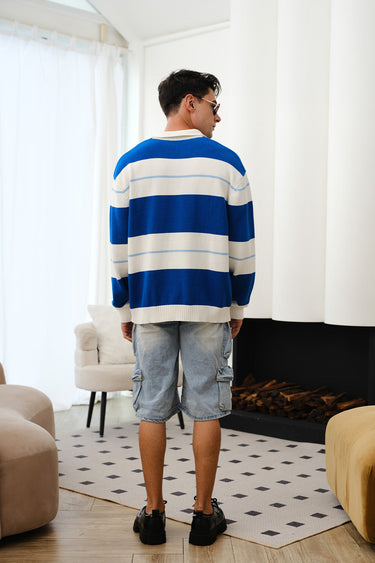 Blue stripe V-neck knit polo shirt by Bonkers Corner, featuring a classic design and ribbed collar.