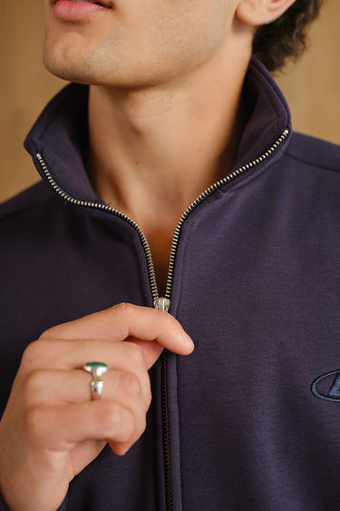 Blue Void High Neck Zipper Jacket by Bonkers Corner, featuring a stylish high collar and front zipper detail.