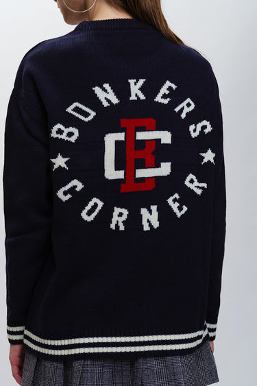 Bonkers Corner varsity crewneck sweatshirt in XS with striped collar and cuffs, casual style, made of soft fabric.