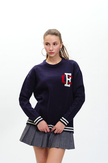 Bonkers Corner varsity crewneck sweatshirt in gray with contrasting collar and cuffs, casual and comfortable for everyday wear.