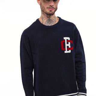 Bonkers Corner varsity crewneck sweatshirt in light blue with contrasting striped collar and cuffs, casual and comfortable fit.