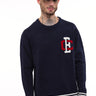 Bonkers Corner varsity crewneck sweatshirt in light blue with contrasting striped collar and cuffs, casual and comfortable fit.