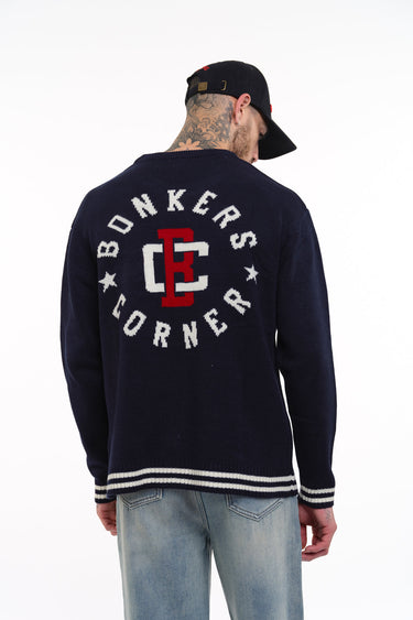 Bonkers Corner varsity crewneck sweatshirt in gray with contrasting sleeves and ribbed collar, casual and comfortable.