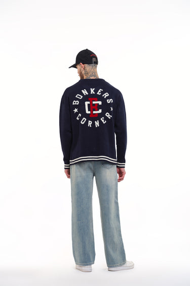 Bonkers Corner varsity crewneck sweatshirt in XS with striped collar and cuffs, casual and comfortable for everyday wear.