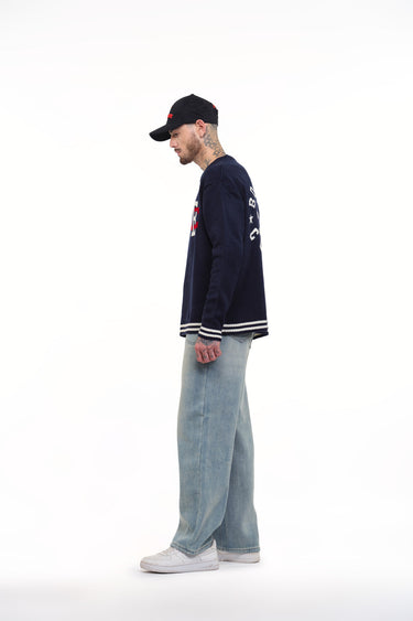 Bonkers Corner varsity crewneck sweatshirt in XS with contrasting collar and cuffs, casual style, made of soft fabric.