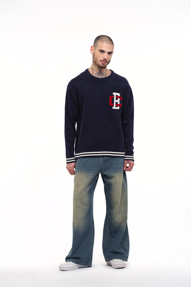 Bonkers Corner varsity crewneck sweatshirt in XS with striped ribbed cuffs and collar, casual streetwear style.