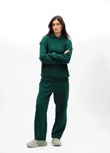 Bonkers Corner bottle green everyday joggers made of comfortable fabric, shown laid flat with elastic waistband and relaxed fit.