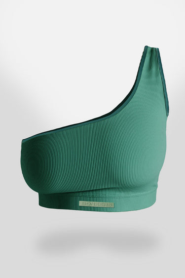 Bottle green Bonkers Corner one-shoulder ribbed top displayed on a model showcasing its fitted style and unique shoulder design.