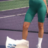 Bottle green ribbed workout shorts by Bonkers Corner, shown laid flat with elastic waistband and textured fabric.