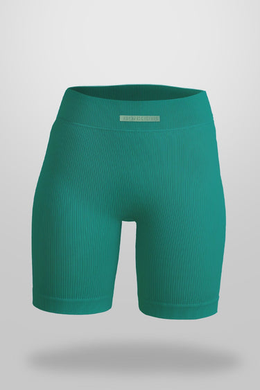 Bonkers Corner bottle green ribbed workout shorts with a fitted elastic waistband, designed for active wear and comfort.