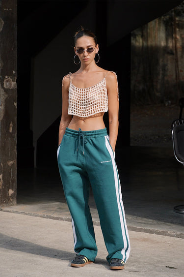 Bottle green sporty straight fit pants by Bonkers Corner, shown with a comfortable waistband and casual fit for activewear.