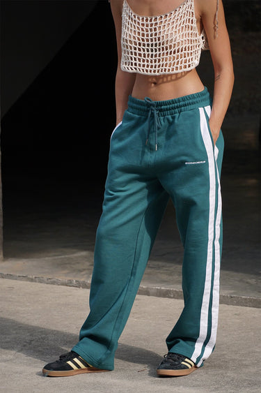 Bonkers Corner bottle green sporty straight fit pants displayed, made from comfortable athletic fabric with a relaxed fit.