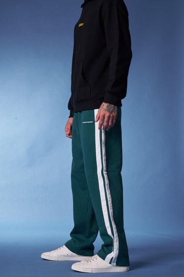 Bonkers Corner bottle green sporty straight fit pants displayed, featuring a comfortable and stylish athletic design.