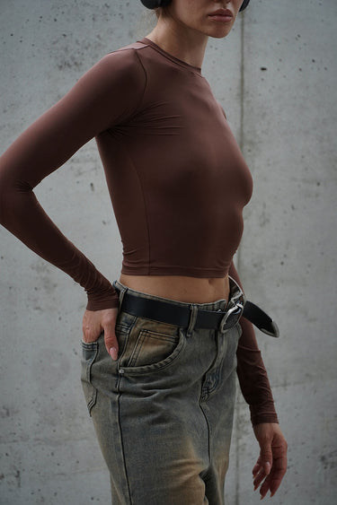 Brown full-sleeve polyamide top by Bonkers Corner, showcasing a fitted design and smooth fabric texture.