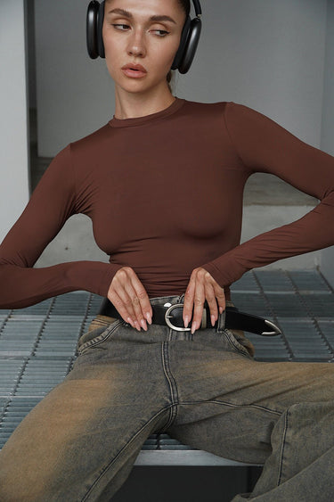 Brown full-sleeves polyamide top by Bonkers Corner, showcasing a fitted design and smooth fabric.