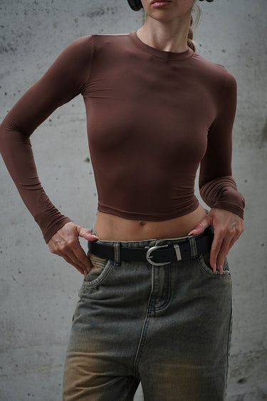 Brown full-sleeve polyamide top by Bonkers Corner, showcasing a fitted design with a round neckline and smooth fabric.