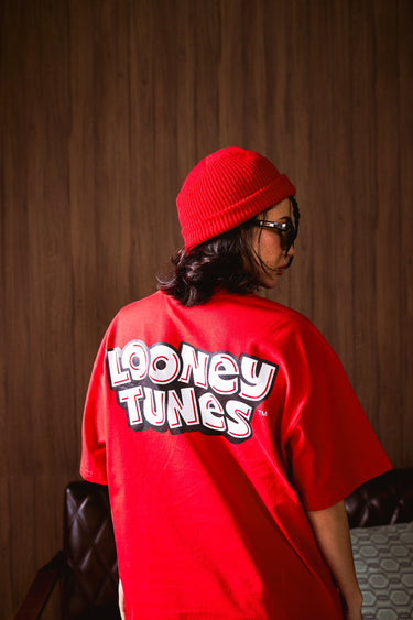 Red Bugs Bunny oversized T-shirt by Bonkers Corner, featuring a bold cartoon graphic on the front.