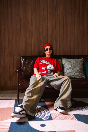 Red Bugs Bunny oversized T-shirt by Bonkers Corner, featuring cartoon character print and relaxed fit for casual wear.